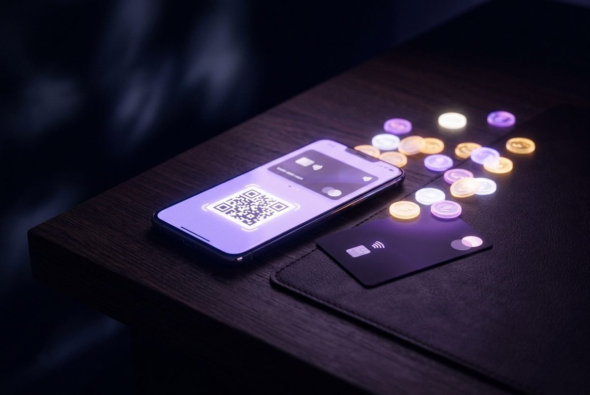 Ilustrasi kanal pembayaran digital dengan dompet, bank, dan QR beraksen ungu