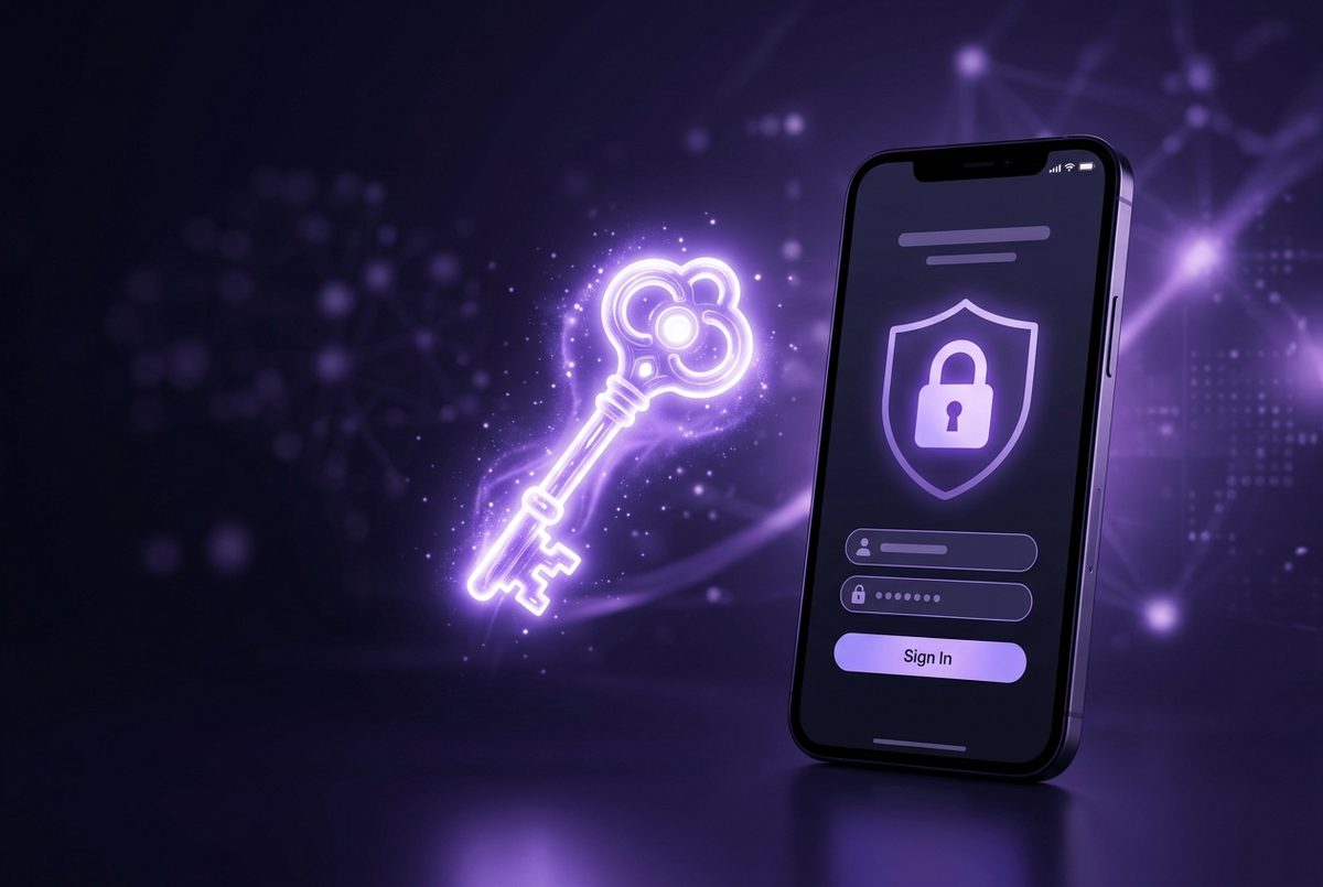 Ilustrasi konsep login aman dengan kunci dan layar ponsel beraksen ungu